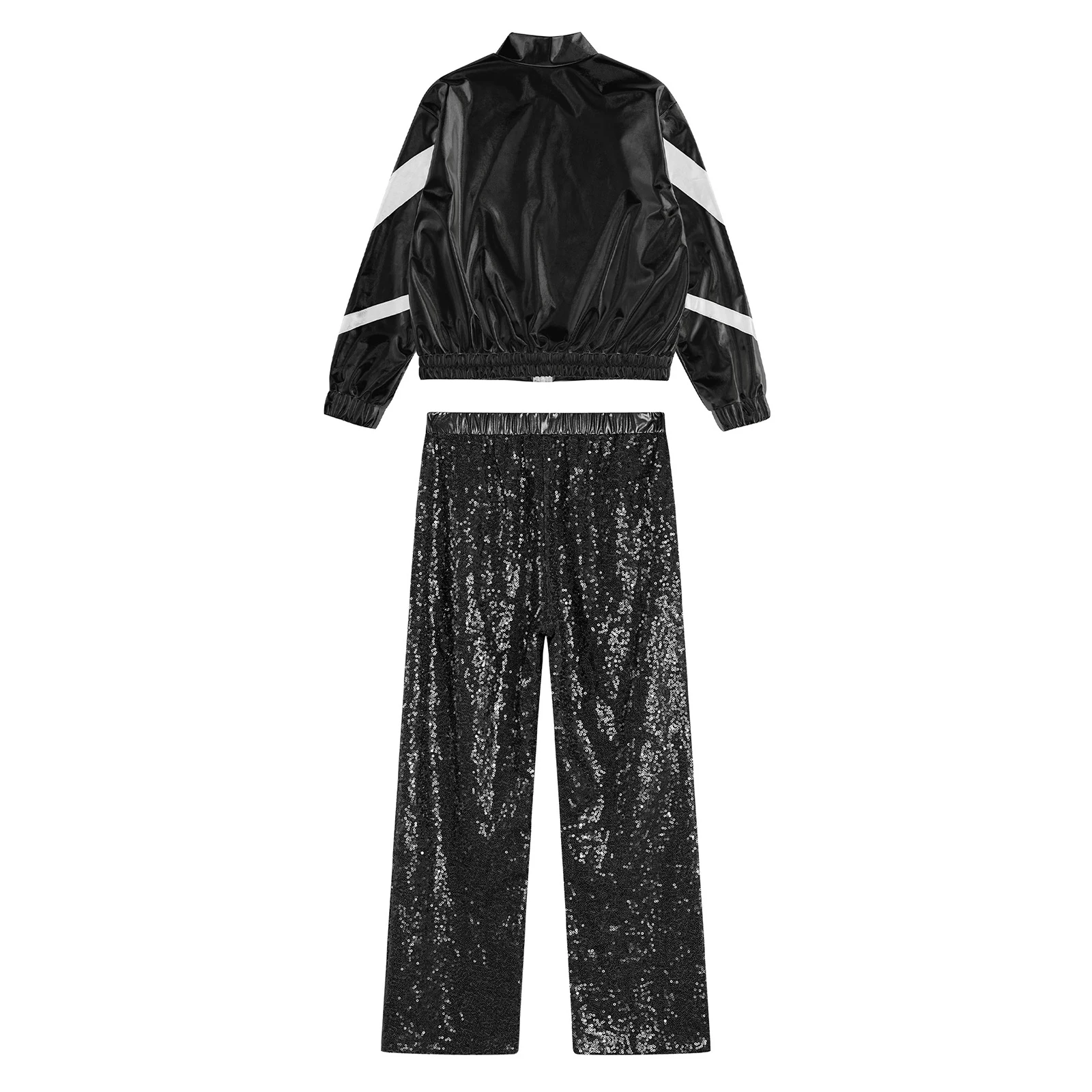 Children Girl Hip Hop Outfit Jazz Dance Costume Teens Long Sleeve Zipper Metallic Jacket + Sequin Pants Party Performance Sets