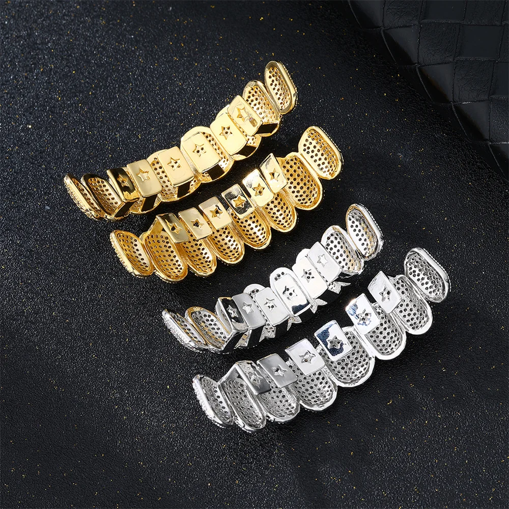 Хип-хоп модный набор зубов Iced Out Grills для мужчин и женщин Bling AAA + CZ Stones Paved Copper Dentist Decor Косплей Зубы Ювелирные изделия