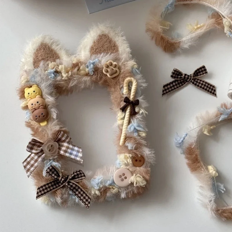Handmade Fluffy Cat Ear PVC Photocard Holder With Hang Chain Plaid Satin Bow Buttons Cartoon Decor Fuzzy Edge 3 Inch KPOP Polaroid Anime Case Lolita Fan Portable DIY Decor Trading Card Protector Storage Cover