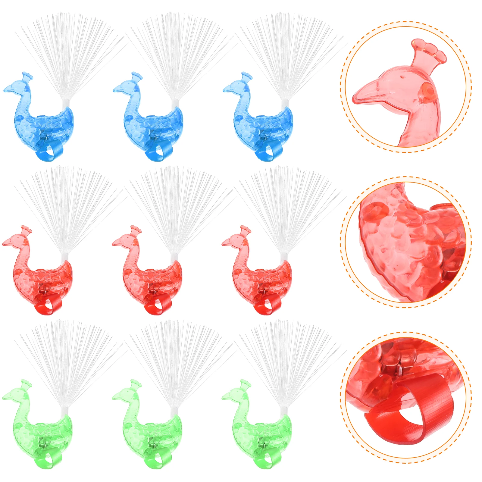 24 Stück im Dunkeln leuchtende Pfauen-Design-Fingerlichter, Glasfaser-Partydekorationen für Nachtfeiern, Glasfaser-Lichter