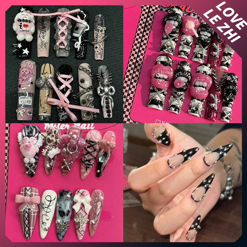 

Dark Gothic Spice Girl Style Handmade Long Square Stiletto Fake Nails Metal Rivet Chain Wing Lip Diamond Bowknot Press On Nails