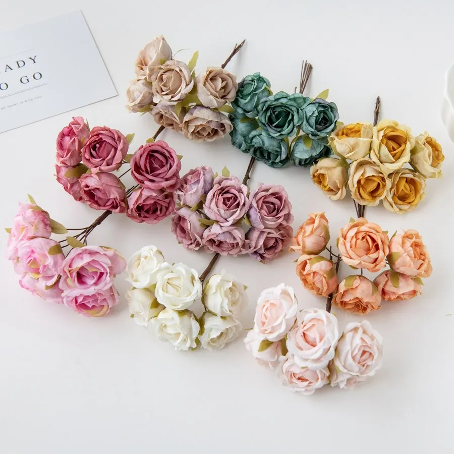 12Pcs Artificial Flowers Silk Tea Rose Wedding Bouquet Wreath Scrapbooking for Home Valentine Decoration Diy Holiday Accessories