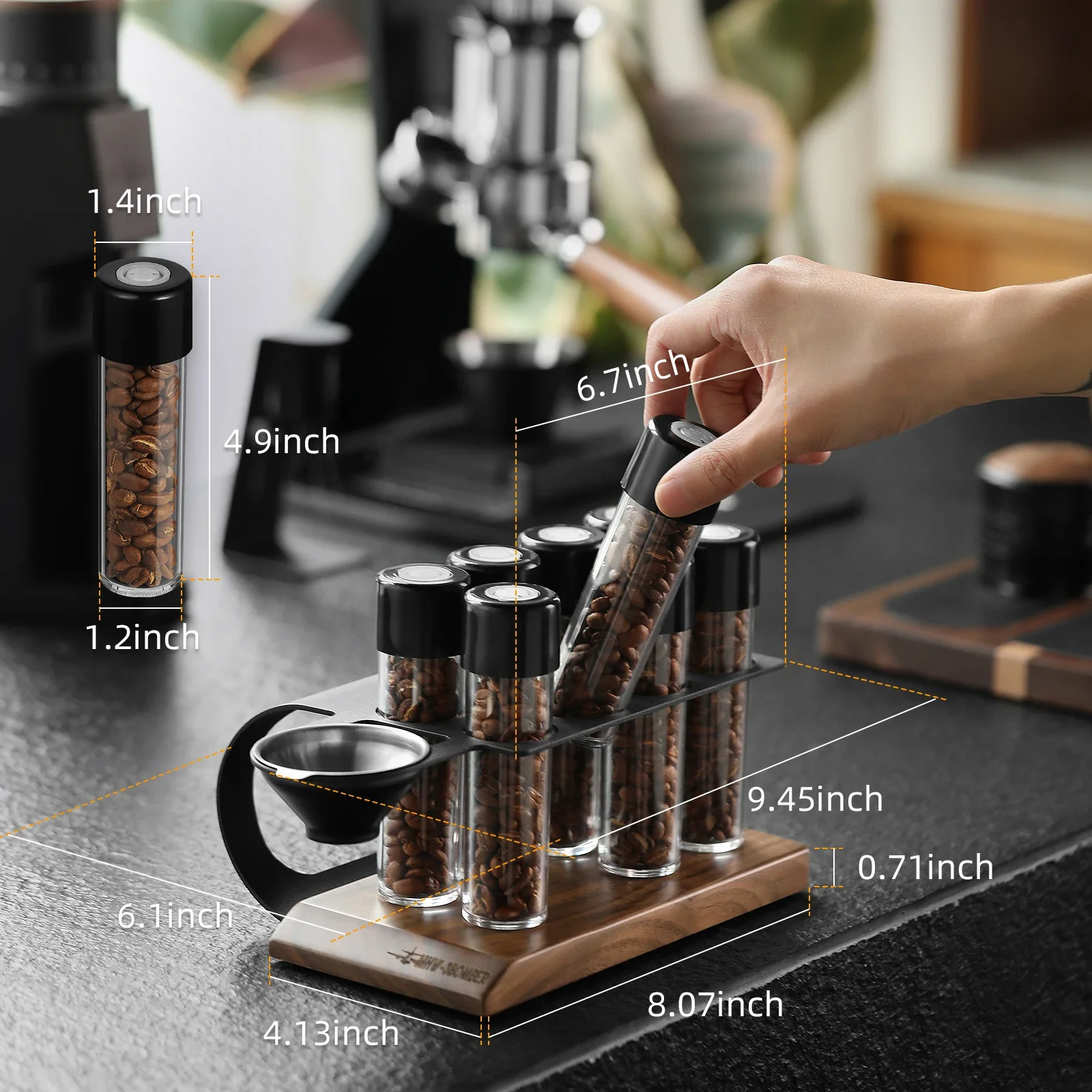 MHW-3BOMBER Single Dose Coffee Bean Storage Tubes 20-26g One-Way Exhaust Valve Spice Tea Containers with Funnel Art Rack Decor