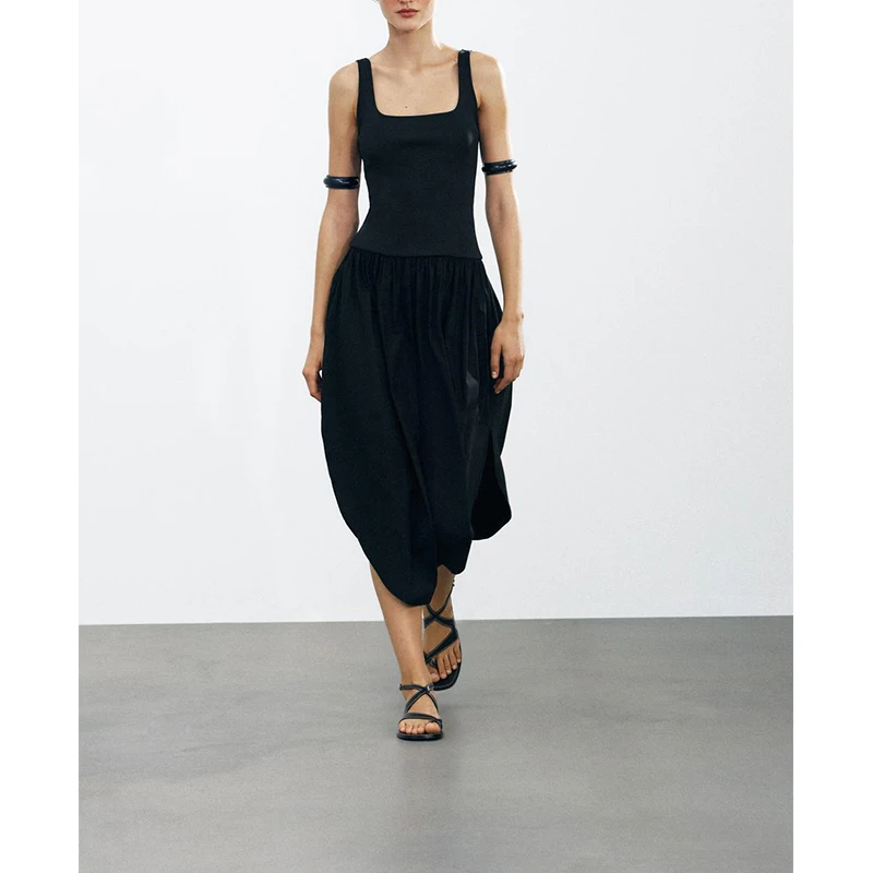Spring Summer New Women's round Hem Splice Wide oulder Strap Square Collar Midi Dr High Waist A-Line Skirt Long Dr