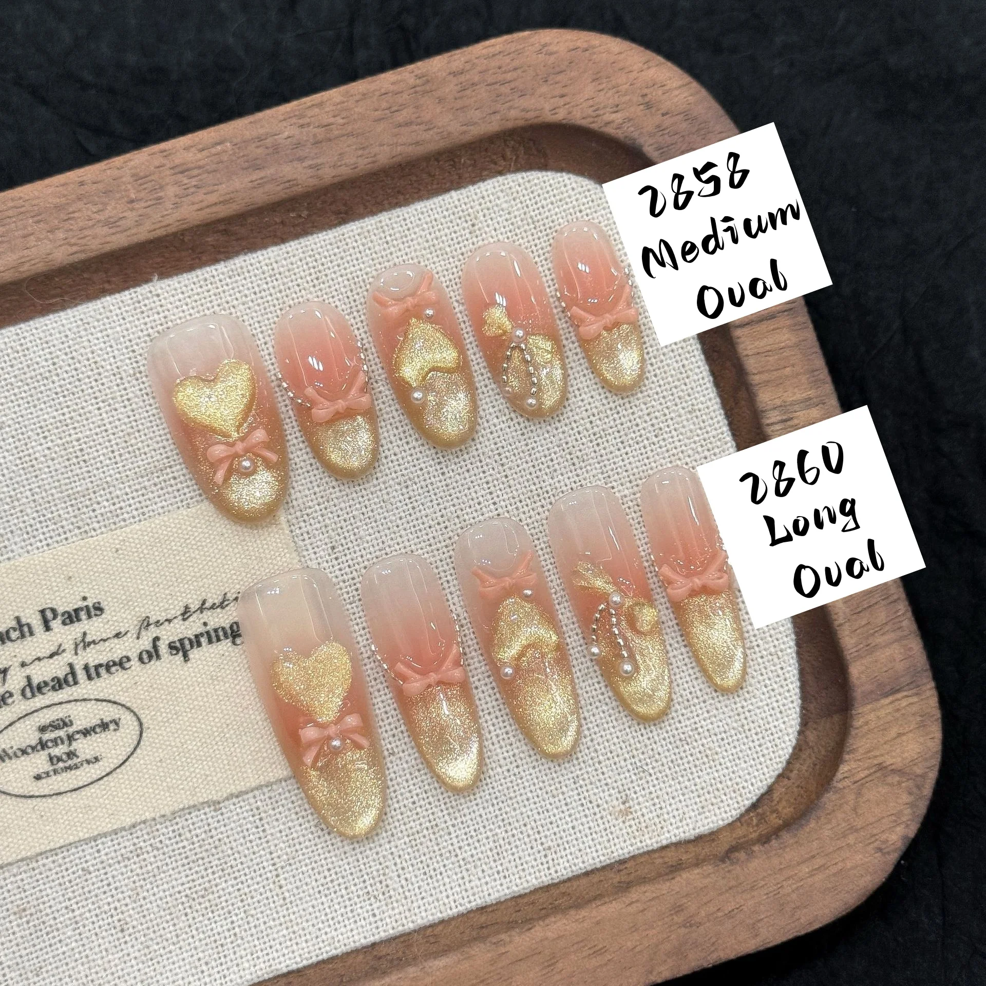 10 Stück rein handgepresste ovale Nagelkunst, schöne künstliche Nägel, Nude-Pink-Farbverlauf mit goldenem Katzenauge, Liebesschleifenperle, ideal für Frauen, niedlich