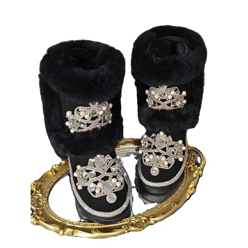 

Shiny Pearl Gem Rhinestone Rabbit Fur Snow Boots Bling Crystal Edge Thick Sole Woman Warm Plush Fur Winter Boots Shoes