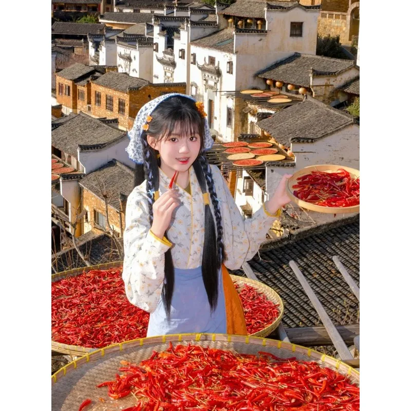 

New Pastoral Female Lead Hanfu Cross Collar Waist Skirt Flow Tea Picker Ancient Costume