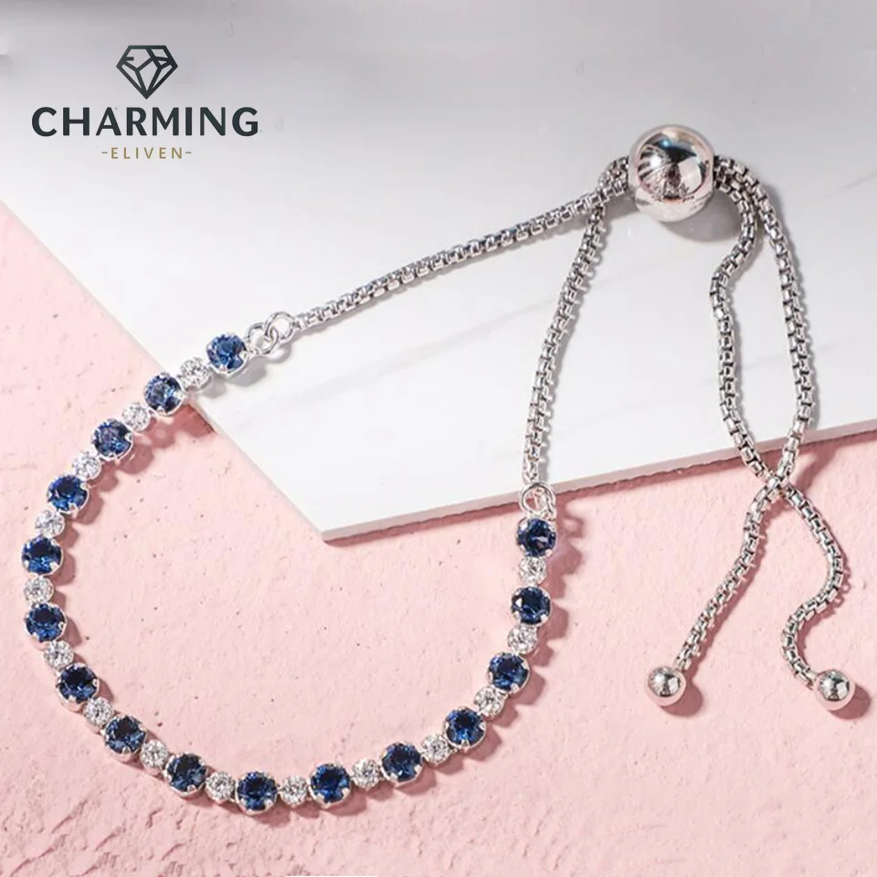 

CHARMING Jewelrys925 Sterling Silver Blue & Clear Sparkle Slider Adjustable Bracelet Jewelry Holiday Gift