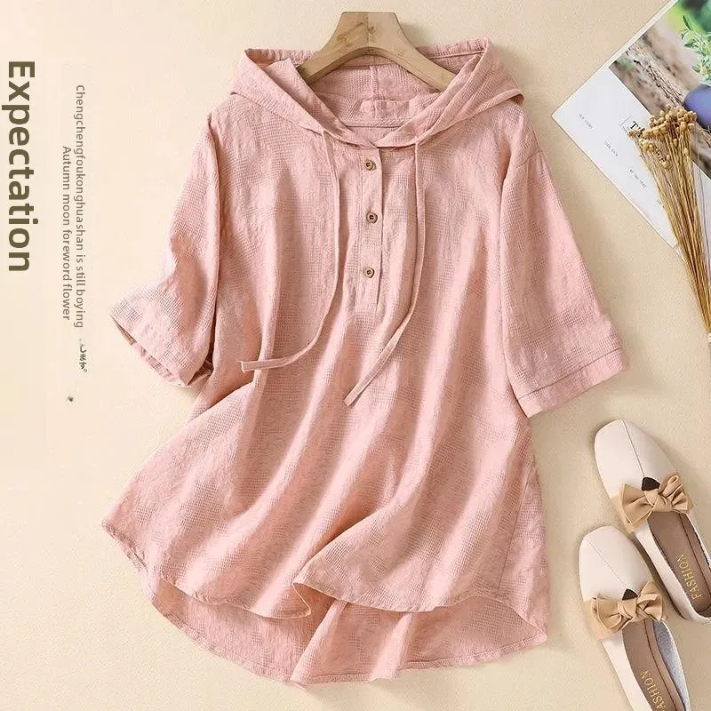 

Женская свободная блузка из хлопка и льна с вышивкой, однотонная, с коротким рукавом, для весеннего сезона