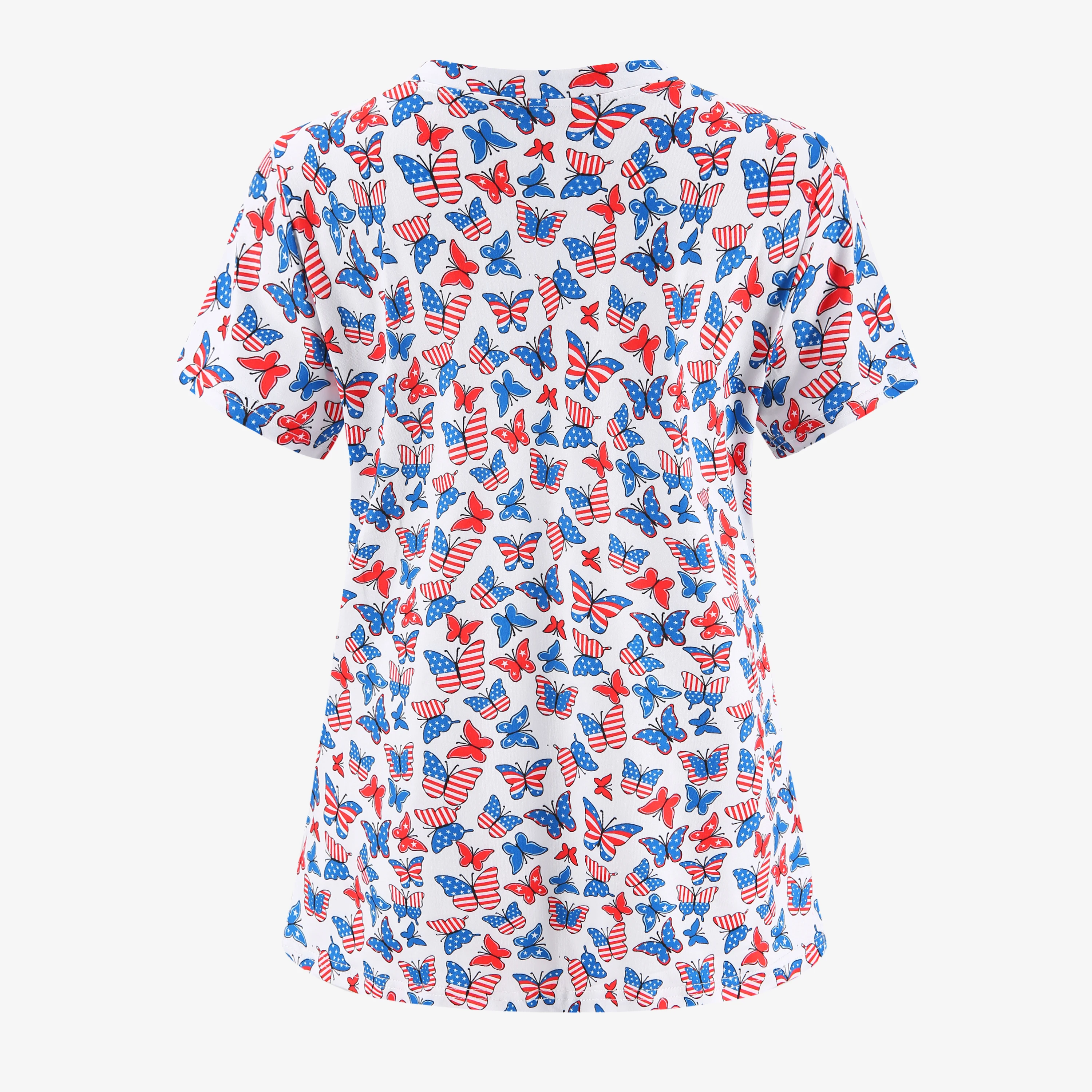 XUANSHOW Independence Day Women Nurse Style Scrub Top Summer Flag Butterfly Print Short Sleeve Uniform V Neck Summer Casual Tees