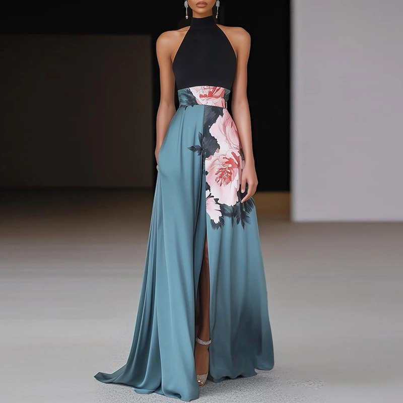 Elegant Floral Print High Waist Split Prom Dress Woman Sexy O Neck Patchwork Hollow Long Dress Summer Sleeveless Boho Maxi Dress