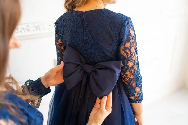 Navy Mommy and Me Dress Mother Daughter Formal Dress for Birthday Long Sleeve Lace Wedding Guest Outfit Photoshoot Gown