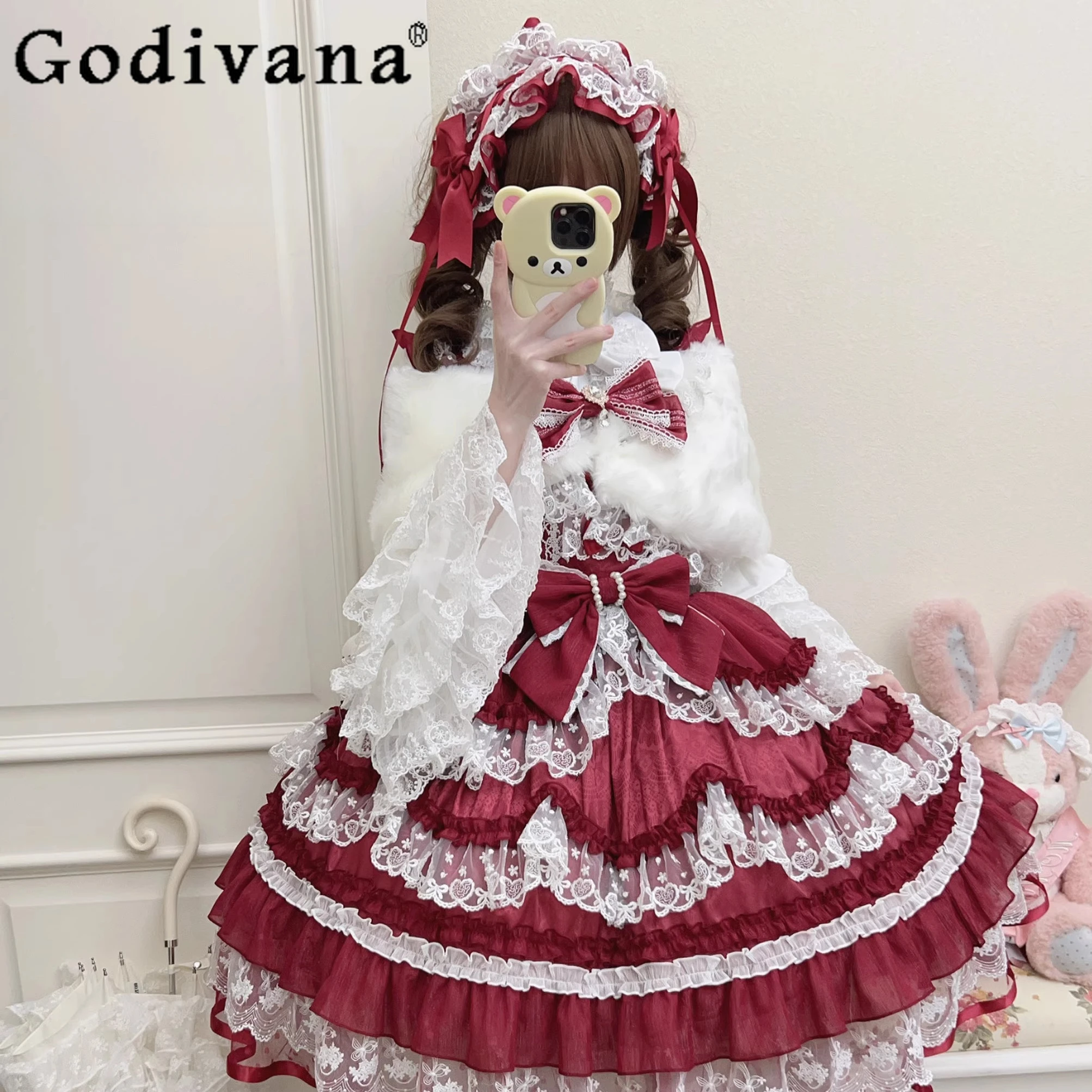 

New Year's Lolita Red Suspender Dress JSK Female Slim Lace Bow Heavy Industry Sweet Summer Dress Princess Birthday Party Dress