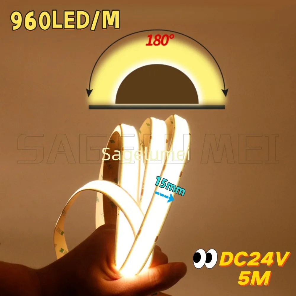 Super Bright DC24V 5M 960LEDs/m COB LED Strip Light  3000/4000/6000K High Density Flexible Dimmable Led Lighting 15mm Strip Tape