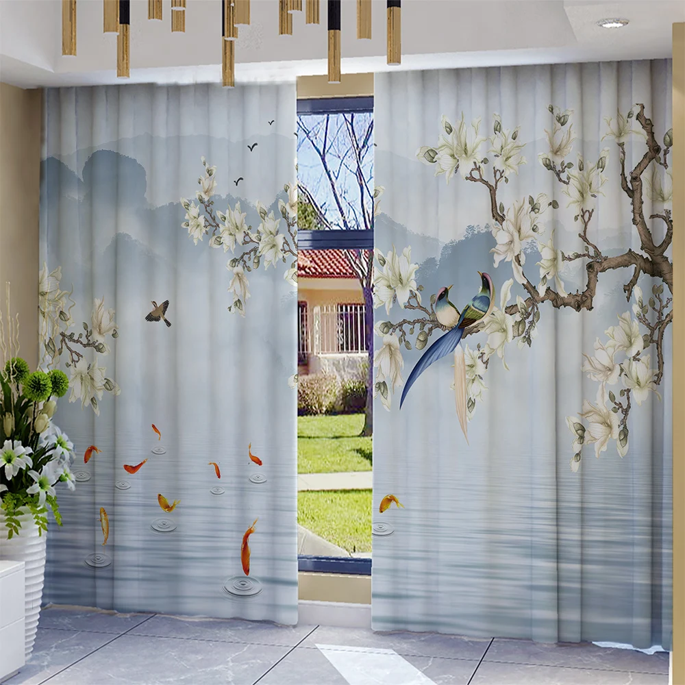 2-teilige Vorhänge mit Blumen und Vögeln für Zuhause, Landschaftshintergrund und Stangentaschenvorhänge, Küche, Café, Wohnzimmer, Speck
