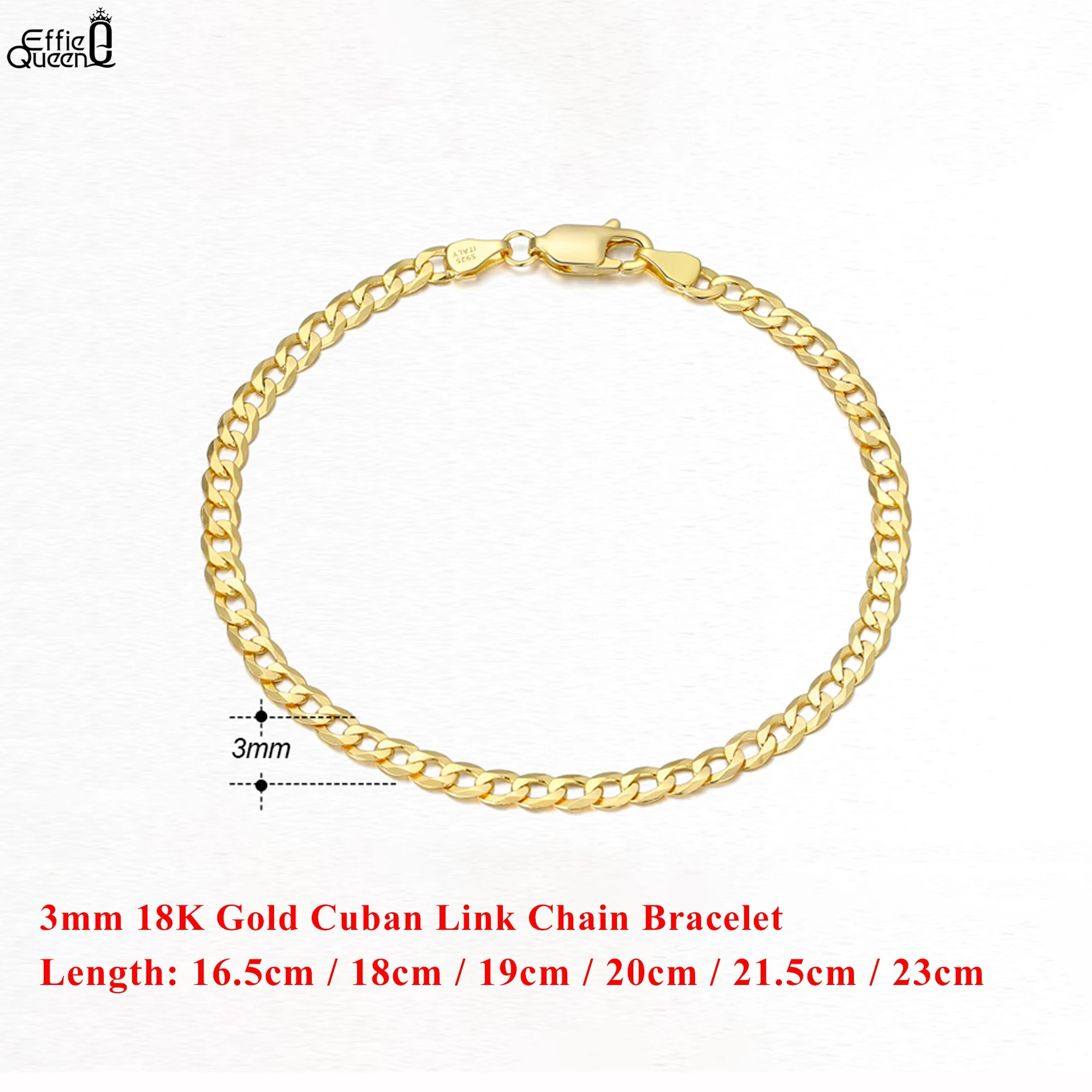 

EFFIE QUEEN, 100% стерлинговое серебро 925 пробы, золото 18 карат, 3 мм/5 мм, кубинский браслет-цепочка, женский, мужской браслет, классическая ручная цепочка SB123