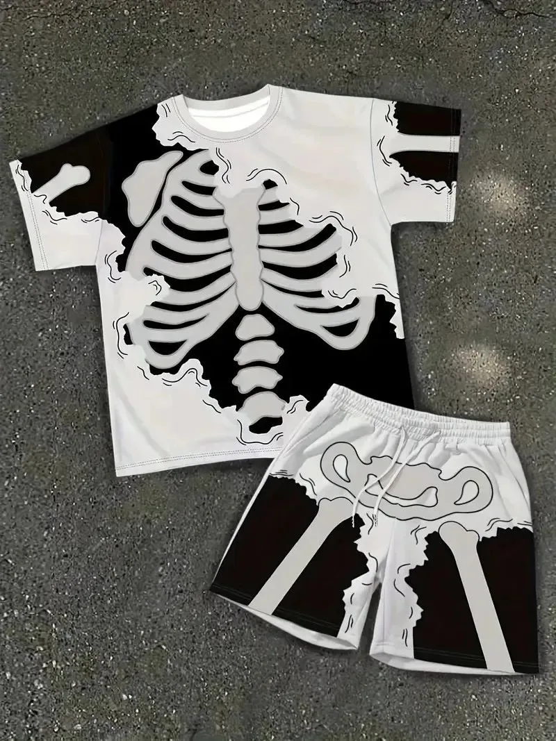 

2026 Summer Men's Suit with Skeleton Print Breathable and Lightweight Casual Roller Skating Hip-Hop Men's Clothing