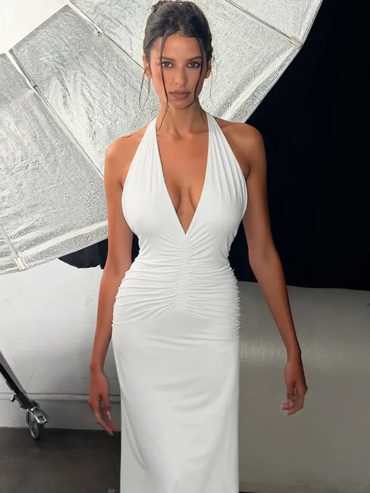V Neck Sleeveless Ruched Sexy Maxi Dress For Women White Halter Backless Lace-up Bodycon Club Party Long Dresses Female
