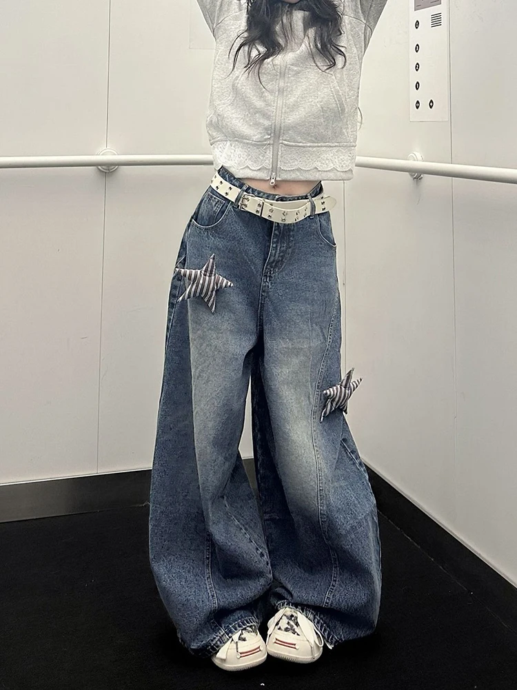 Dreidimensionale Sterndekoration Aufkleber gewaschen gebogenes Messer gerades Bein Cargo Jeans Frauen Herbst neue Straße lose Hosen