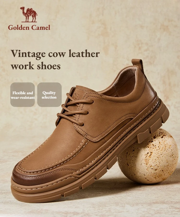 Golden Camel Men's Shoes 2026 Spring Retro Casual Soft Sole Leather Shoes High Quality Non-slip Comfortable Wide Head Work Shoe