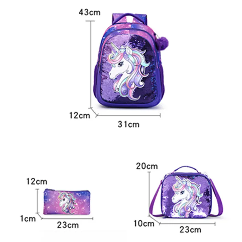 3Pcs/set Mermaid School Backpack Set with Lunch Box Cute Kids cartoon Book Bag Elementary Kindergarten School Bag for Girls
