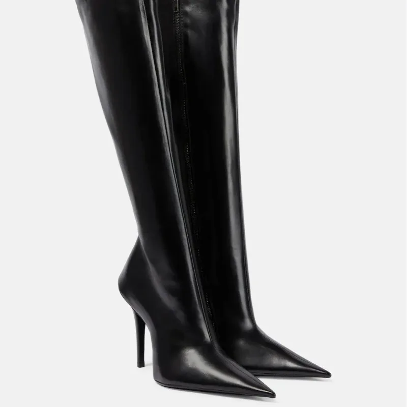

New Style Stiletto Heel Pointed Toe Boots Zipper Knee High Long Boots Plus Size Women
