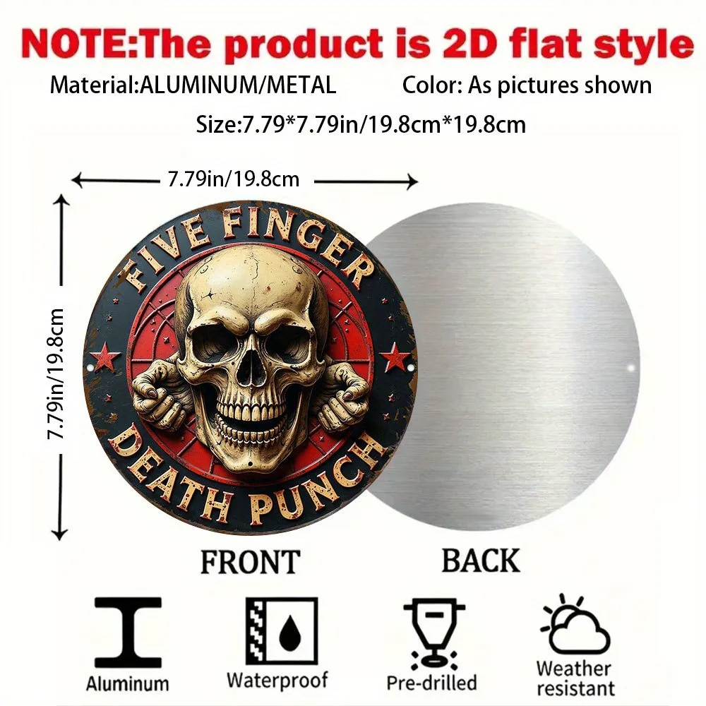 Vintage Five Finger Death Punch Skull Round Tin Sign, Retro 3D Effect Heavy Metal Band Skull Metal Wall Art, Rustic Rock Music T