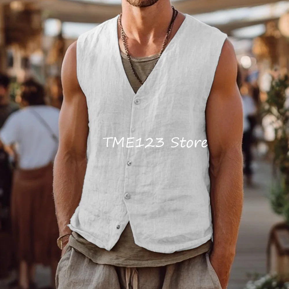 NONE Dünne Arbeitsweste Veston V-Ausschnitt Gilet Männer Leinen Mode Anzug Einreiher Westen Mann Casual Weste für Mann Anzüge Blazer 6