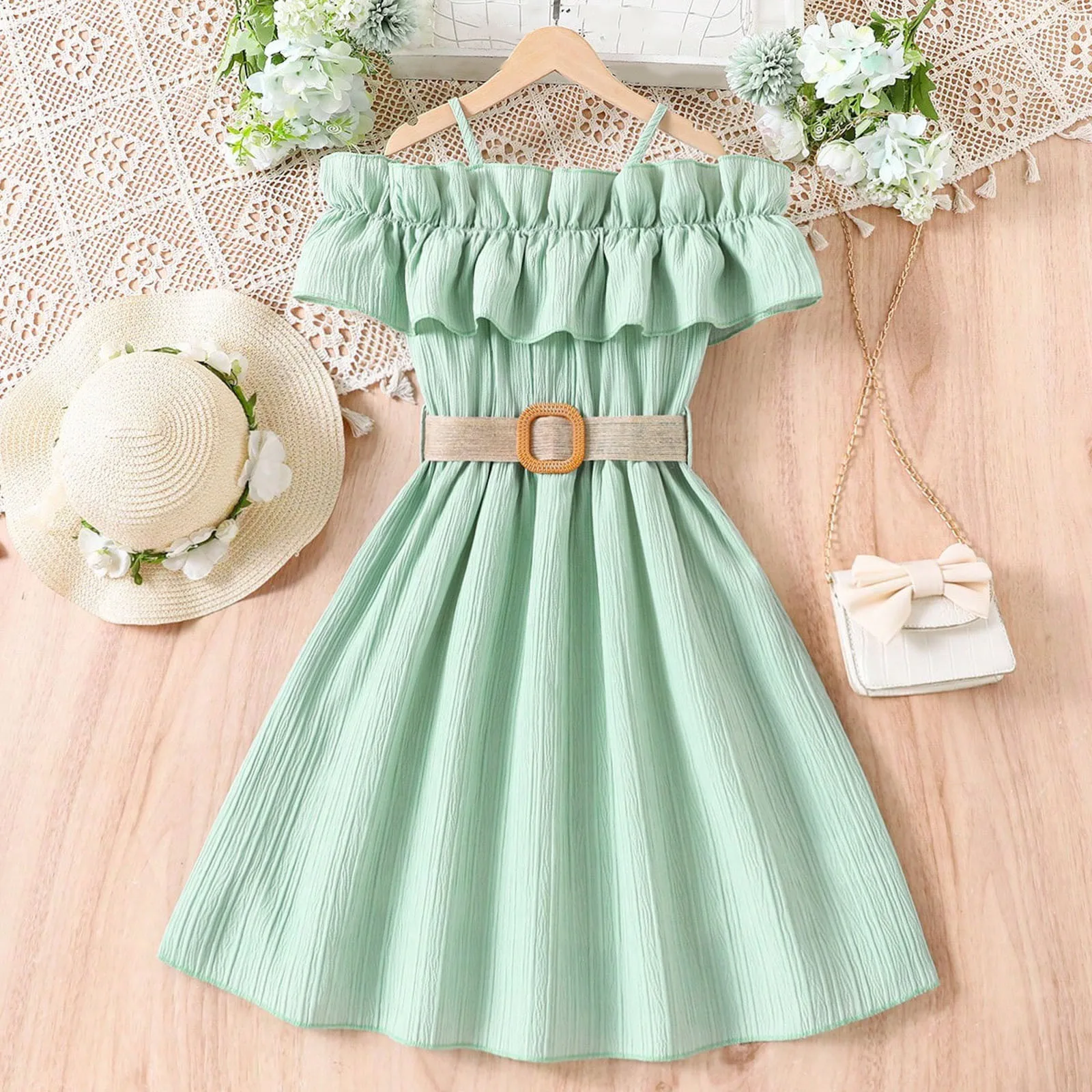 Children Kids Girls Elegant Evening Prom Dress For 7-12 Years Solid Color Sleeveless Off Shoulder Teenager Beach Dress with Belt