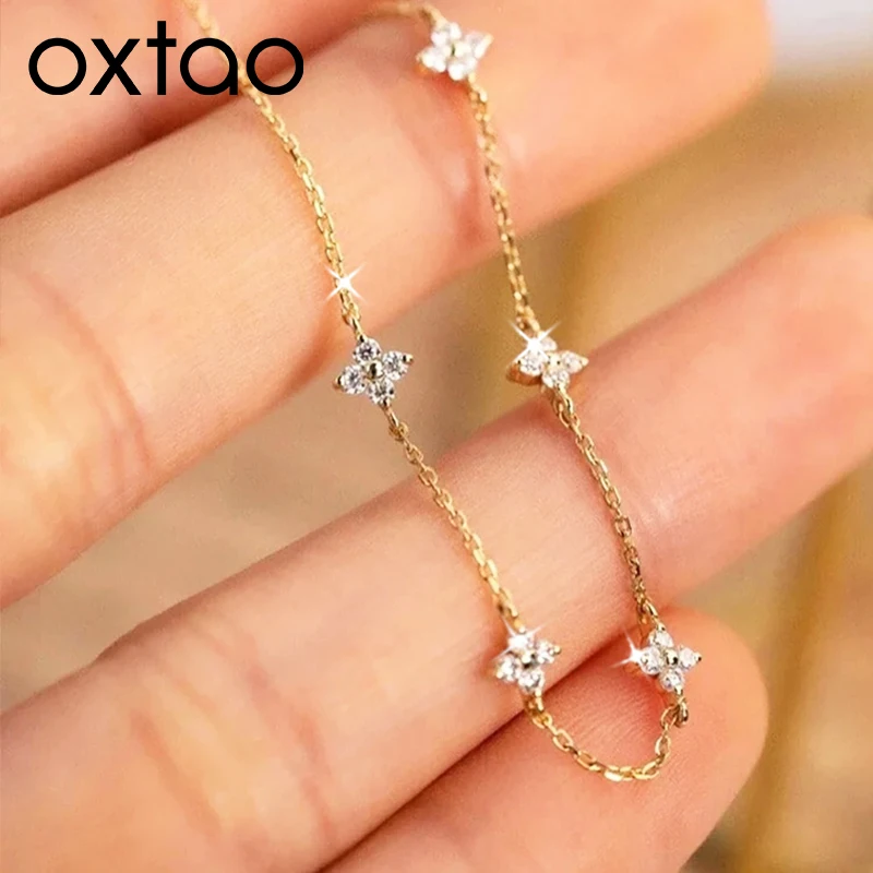 

Набор украшений OXTAO: колье и браслет с цветком из муассанита для женщин, цепочка-колье с четырехлистным клевером, роскошный ювелирный подарок, покрытие из 14-каратного золота