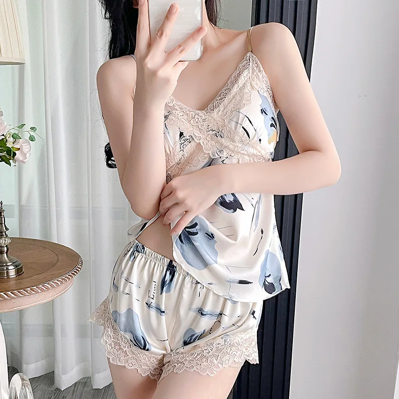 Summer Cami&Shorts Pajamas Loose Casual Home Clothes Sexy Satin Printed Sleepwear Female Pyjamas Intimate Lingerie Nightwear