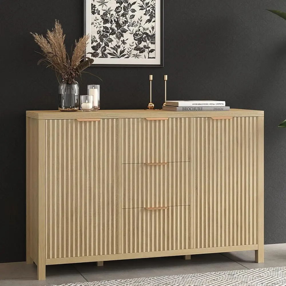 

Oak Fluted Door 2 Door 3 Drawer Durable Sideboard Buffet Cabinet With Storage Adjustable Shelf, Console Tables, Credenzas For