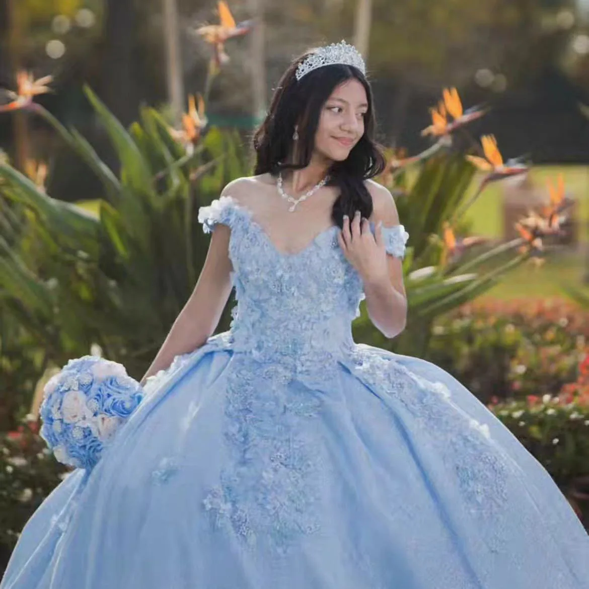 فستان Quinceanera مزين بالتول ، أزرق سماوي ، زهور ثلاثية الأبعاد ، فستان حفلة الأميرة ، فستان 16 حلو ، حفلة عيد ميلاد 18