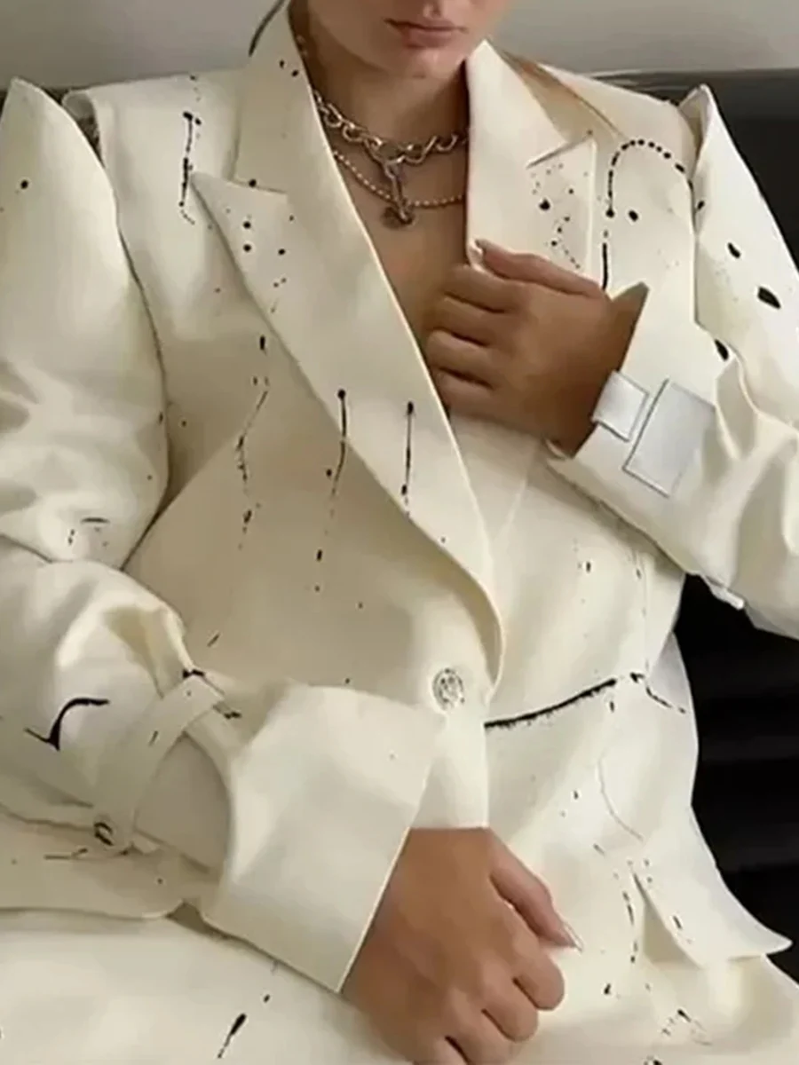 TWOTWINSTYLE Ink Splashing Print Fashion Blazer for Women Notched Collar Long Sleeve Hollow Out Design Loose Coat Female Autumn