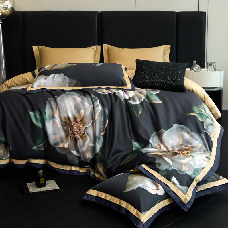 4Pcs Bedding Set 1000TC Egyptian Cotton Flowers Print Duvet cover Set Bed Sheet Fitted Sheet Pillowcases Queen King Size Bed Set