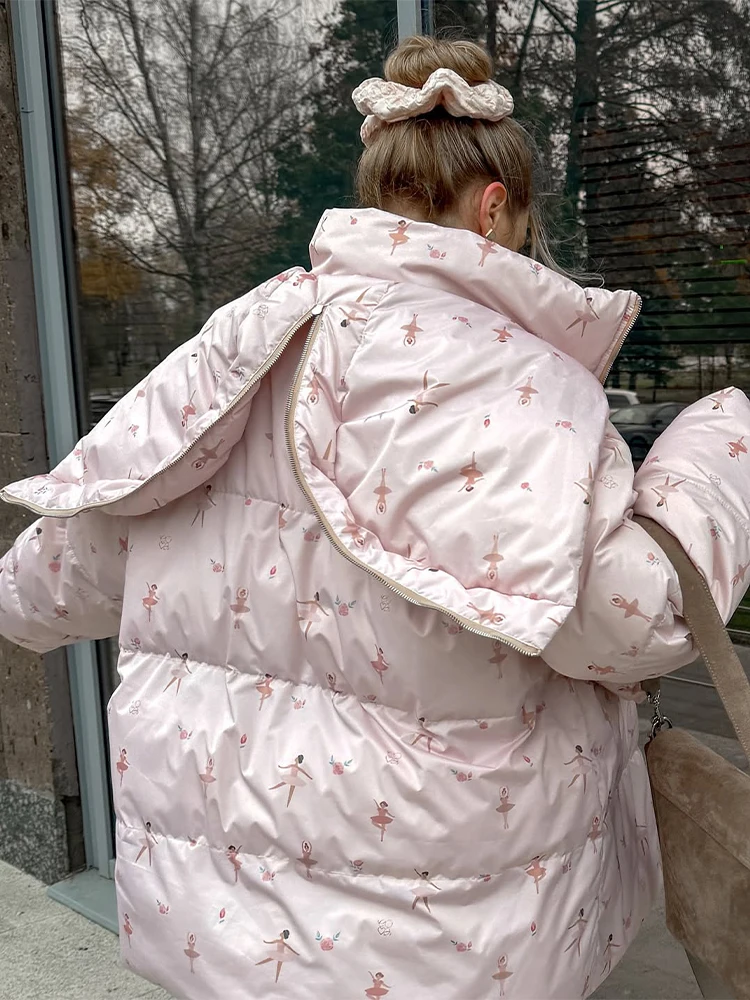 معاطف قطنية فضفاضة دافئة مطبوعة باللون الوردي أنيقة للنساء بسحاب عصري وأكمام طويلة مع قلنسوة ملابس نسائية غير رسمية للتنقل في الشارع