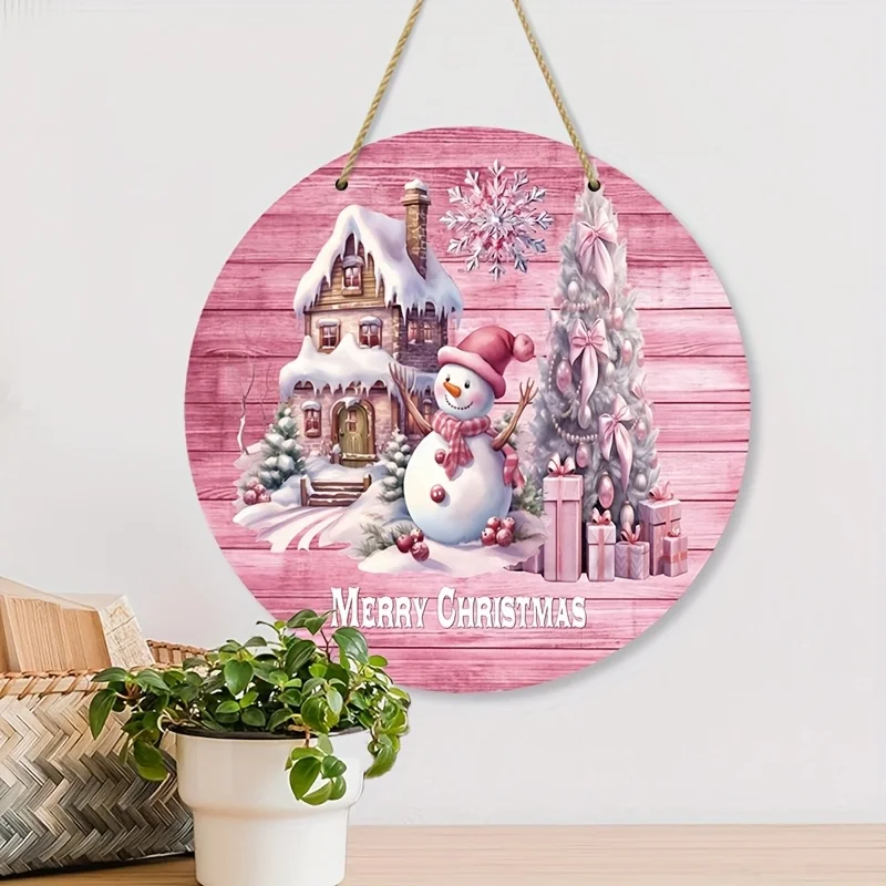 2D Flat Printing 1pc Charming Pink Christmas Wreath And Snowman Sign - Round Wooden Door Ornament, Suitable for Home, Office, Ba