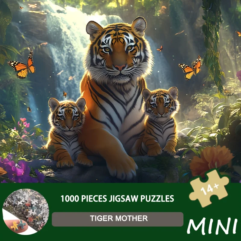 Puzzle mini tigre madre e cuccioli da 1000 pezzi - 38x26 cm, arte di conservazione della vita selvatica, regalo ideale per gli appassionati di natura e la famiglia