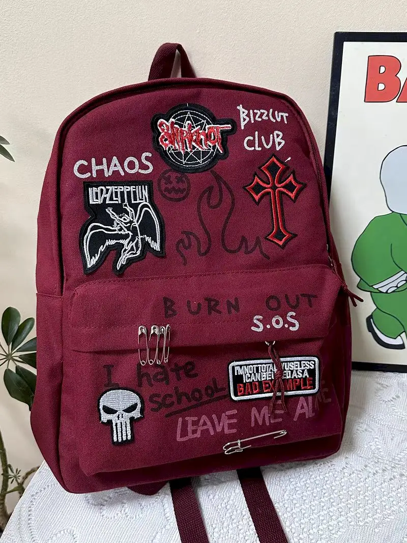 Anggur merah Rock Punk Y2K ransel siswa kasual kapasitas besar untuk pria dan wanita 2024 tas baru