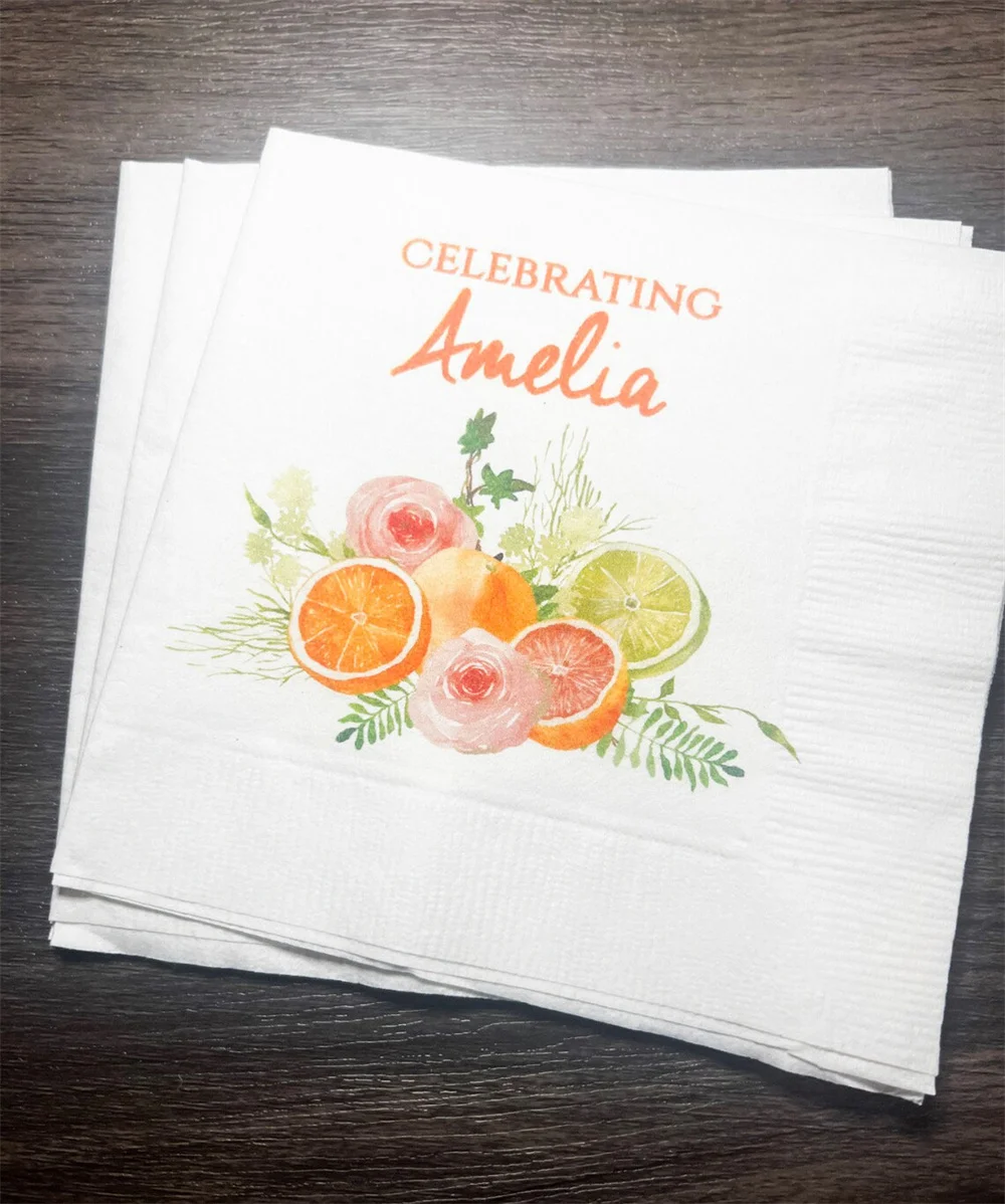 

50PCS Main Squeeze Citrus Grapefruit Bridal Shower Spring Summer Bridal Brunch Personalized Cocktail, Luncheon or Dinner Napkins