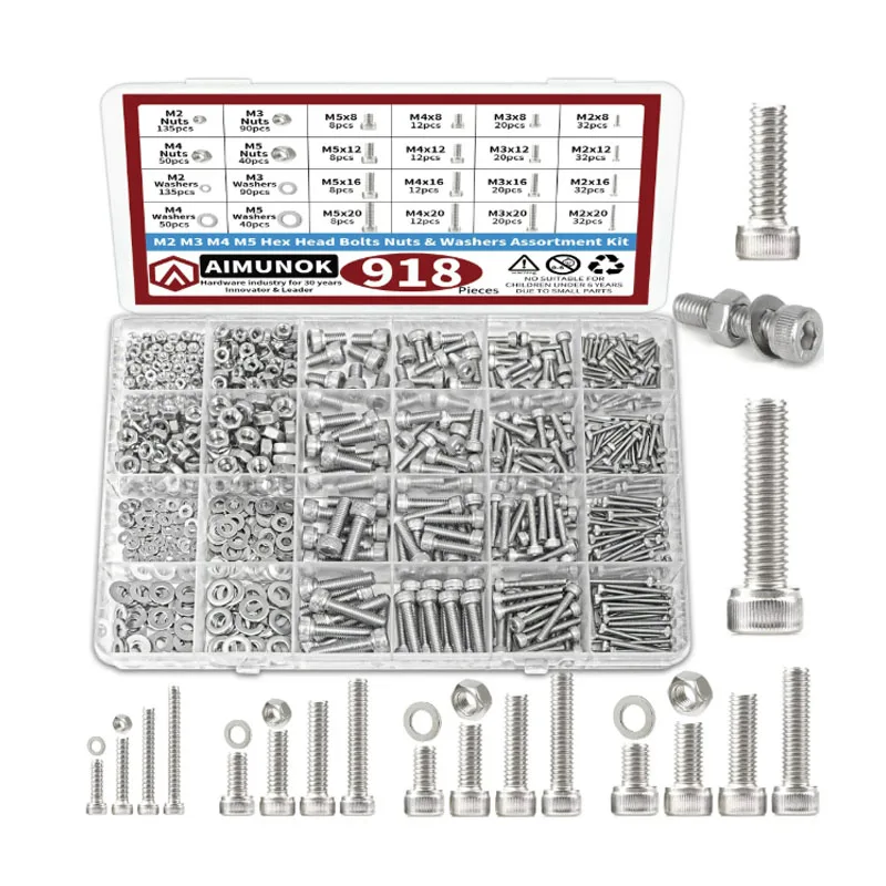 918-Piece Nuts and Bolts Assortment Kit - M2, M3, M4, M5 Hex Head 304 Stainless Steel Bolts, Nuts, Flat Washers, and More
