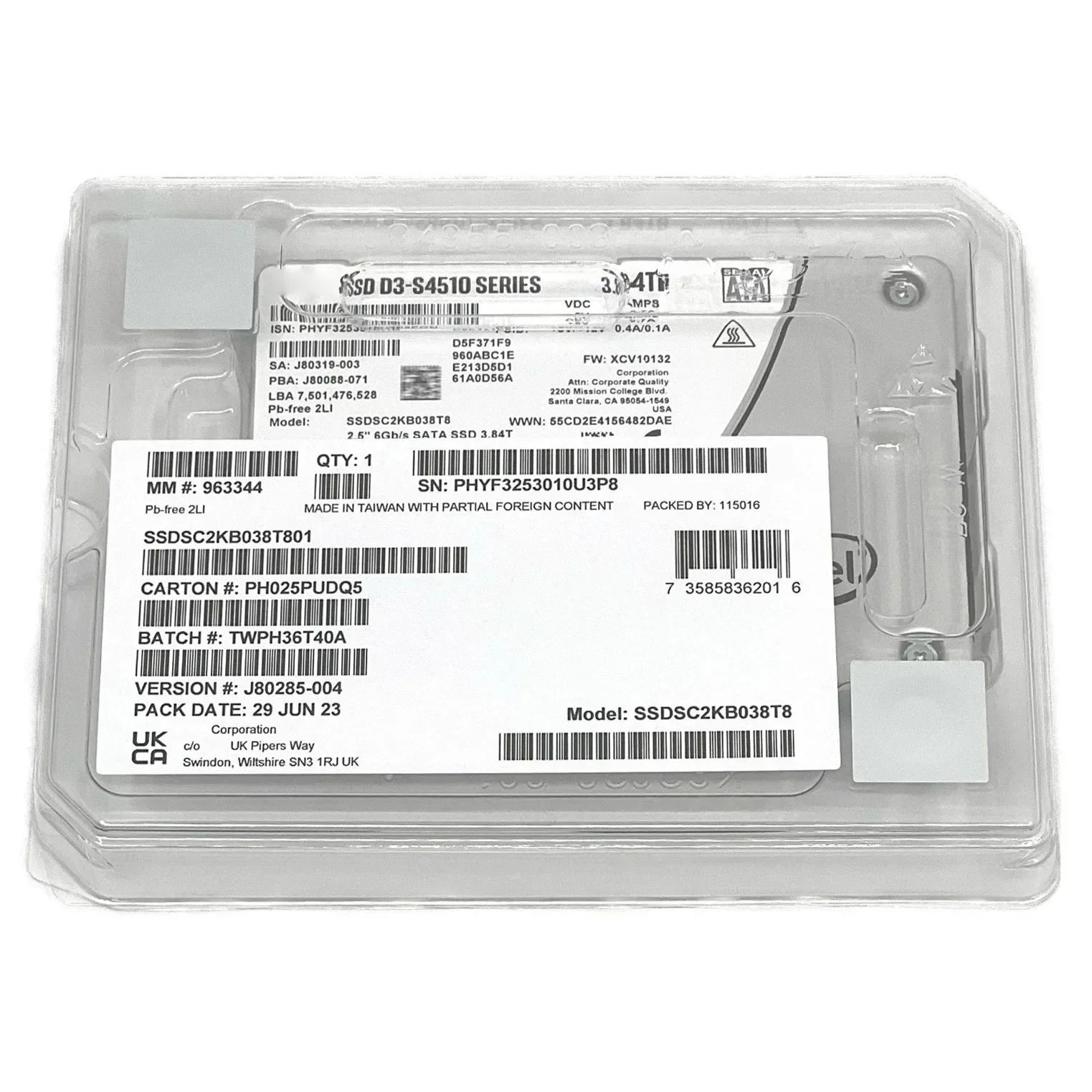 D3-S4510 S4510 SSDSC2KB038T801 3.84TB SATA 6Gb/s 2.5