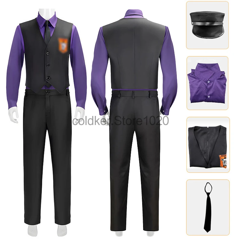 

Anime William Afton Cosplay Costume for Men Purple Guy Five Nights Movie Hat Shirt Vest Pants Tie Set Halloween Party Clothes