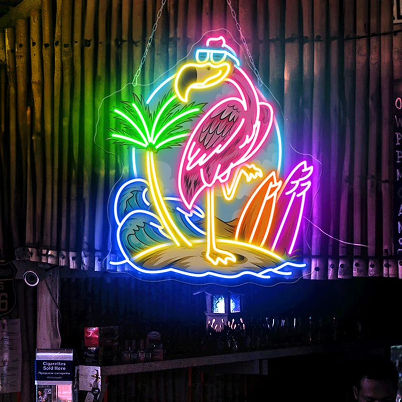 flamingo led neon sign surfing light ola sinal de verao praia casa piscina decoracao de bar palmeira flamingo tropical 01