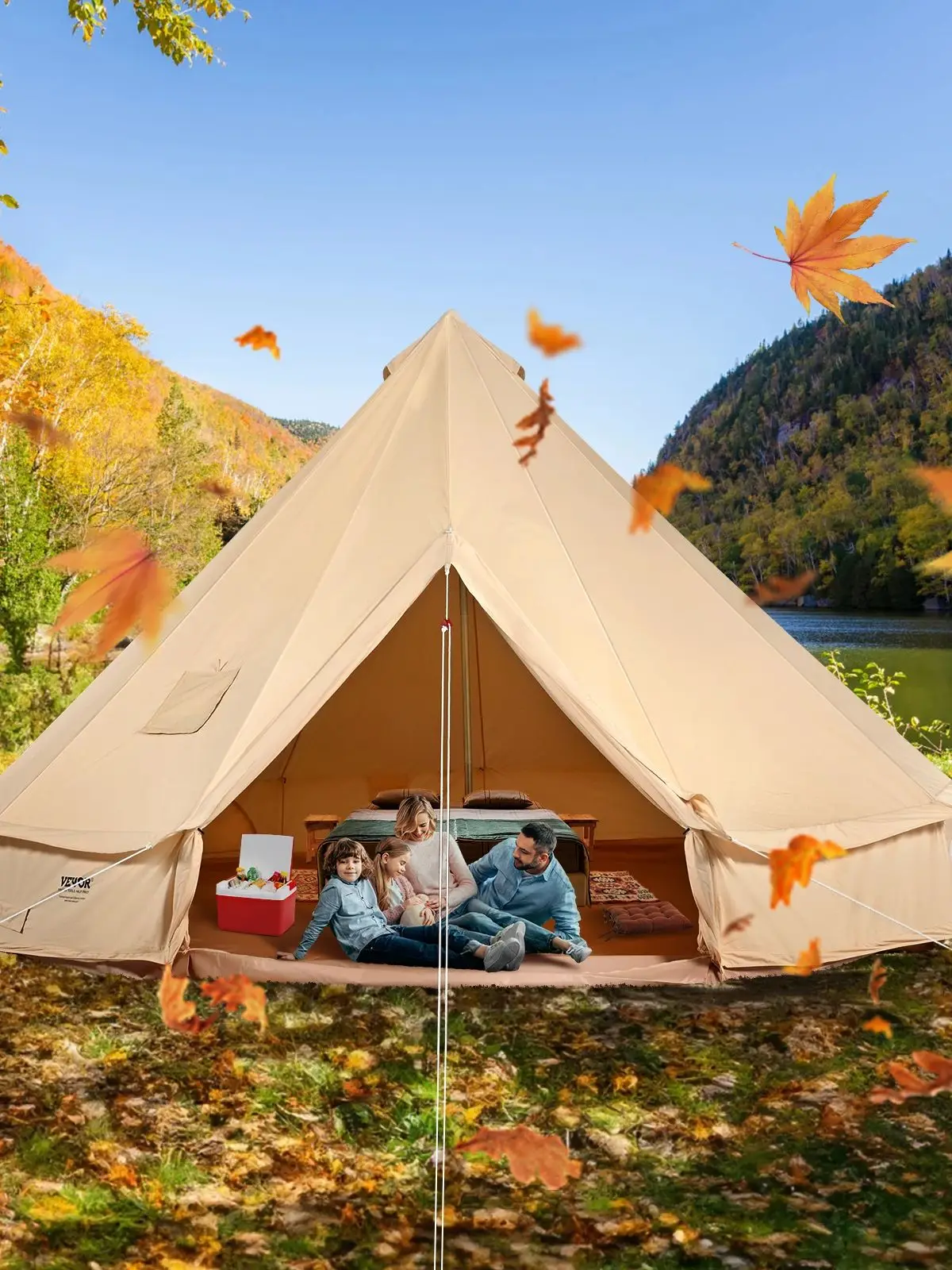 SucceBuy Canvas Bell Tent 4 Seizoenen 3m/6m Yurt Tent Canvas Tent voor Kamperen met Kachel Jack Ademende Tent Houdt maximaal 4 personen - afbeelding 2