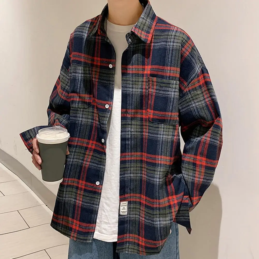 Herren Plaid Shirt Herren Plaid Print Cardigan Mantel mit Brusttasche Streetwear mittellanges Hemd für Herbst Frühling Mode