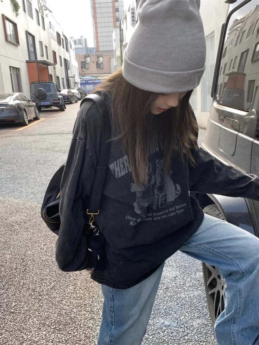 Waed Cotton Long Sve T-irt Women's Spring Autumn Loose Overhead Design Sensation Small Ins Trend  Print Vintage Sle