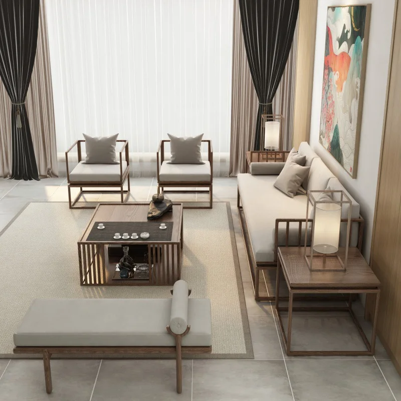 New Chinese-style solid wood sofa combination living room Modern villa B & B club Zen-style large and small apartment furniture