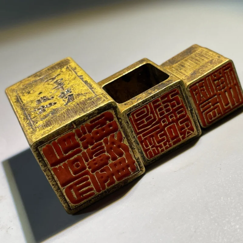 Antique Style Carving Old One Three Seals Bronze Square Leisure Seal Collection Solid Cinnabar Bras