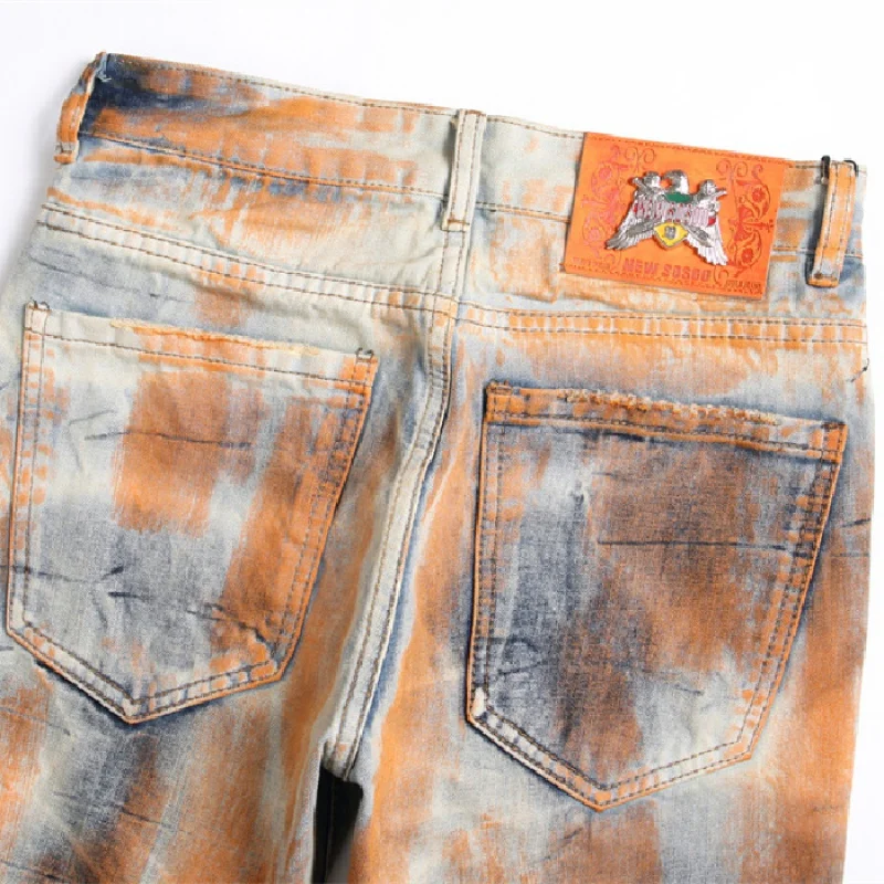 Retro Nostalgic Jeans Men's Ripped Slim Fit Straight Leg Stretch Washed Old and Dirty Fashionable Vintage Trousers